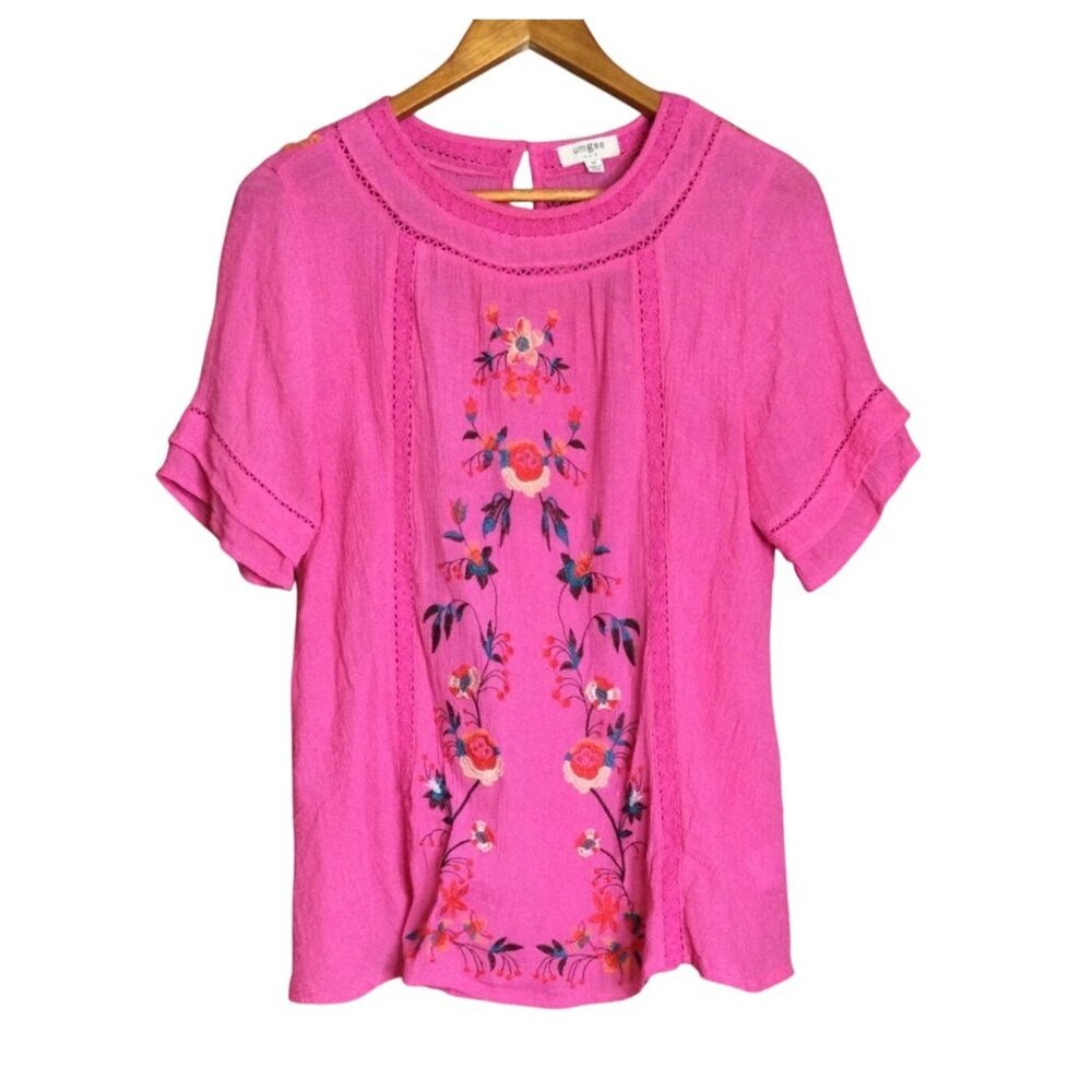 Umgee Womens Pink Embroidered Floral Blouse Short Sleeve Keyhole Size M